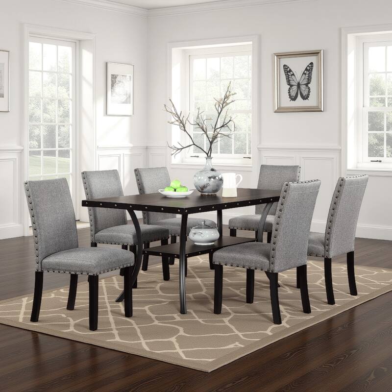 Sie 66 Inch Dining Table, Rectangular Nailhead Trim, Black Wood Finish