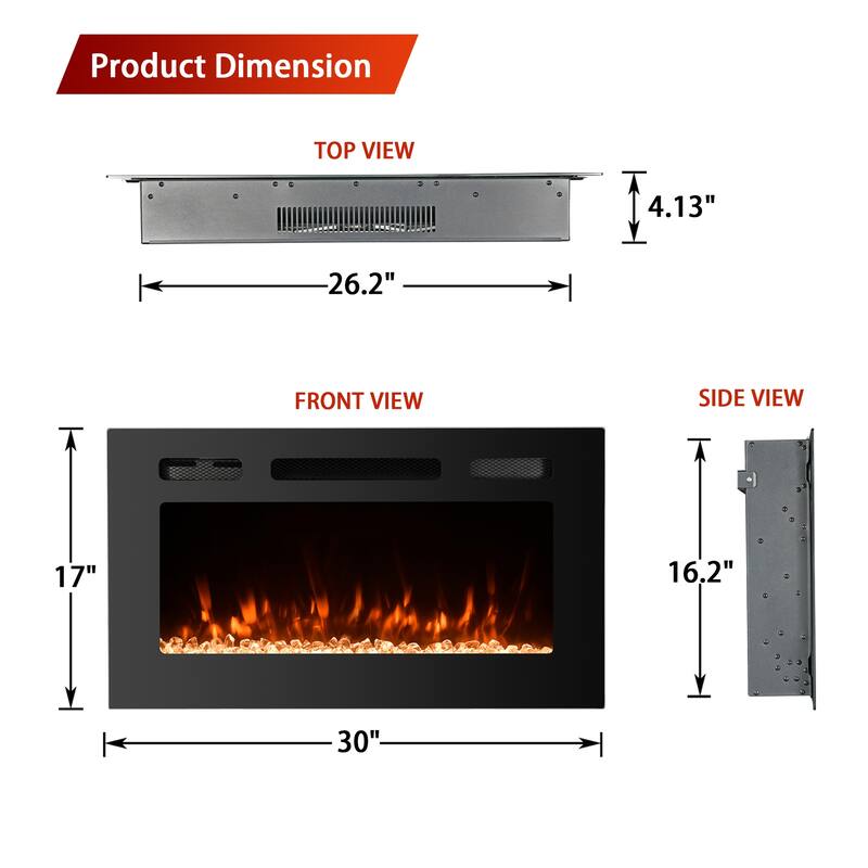 LED Recessed Electric Fireplace with 3 Top Light Colors, Remote Control, Adjustable Heating, and Touch Screen 1500W, Black