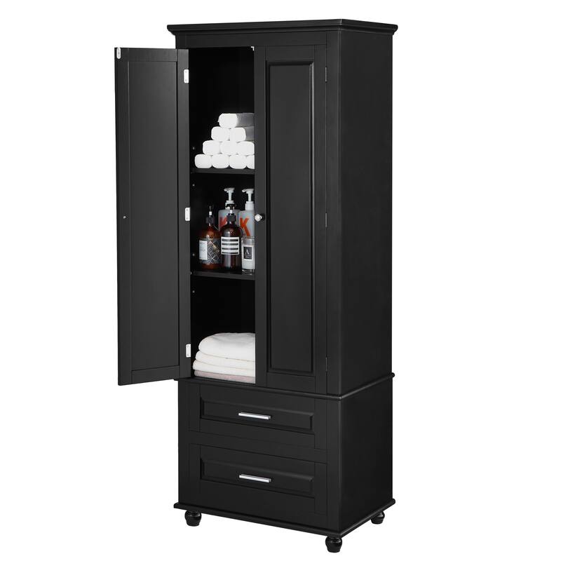 Black Tall Storage Cabinet Bathroom Freestanding Cupboard with 2 Doors, 4 Round Feet and 2 Drawers, Pantry Storage