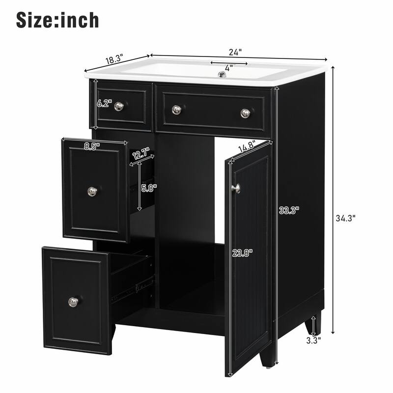 24-Inch Bathroom Vanity Cabinet with Ceramic Sink - 2 Drawers and 1 Door