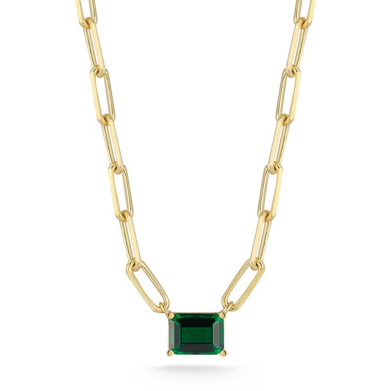 Soleil Sterling Silver Emerald Cut CZ Paperclip Chain Necklace - Yellow/Green