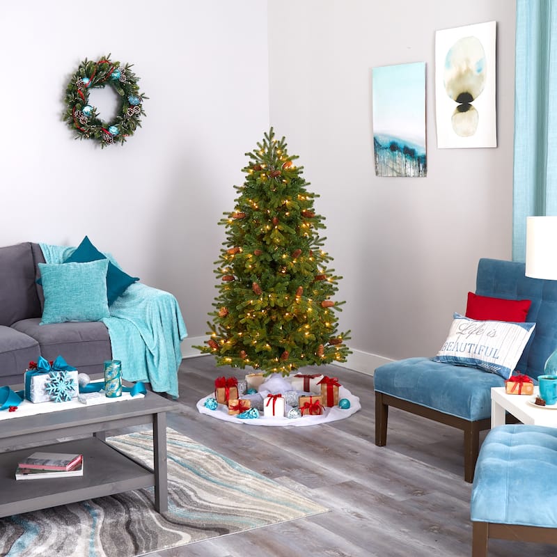 5.5ft. Fir Artificial Christmas Tree with 250 Clear Lights, Pine Cones & 800 Branches - Natural Holiday X-Mas Glow
