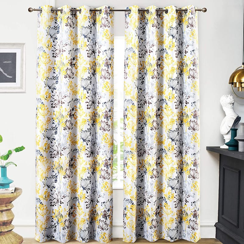 DriftAway Acacia Floral Blossom Watercolor Printed 100 Percent Blackout Room Darkening Thermal Insulated Grommet Window Curtains - 52"widthx84"length - Yellow