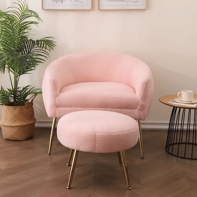 Teddy Short Plush Particle Velvet Armchair Accent Chair with Ottoman/Gold Legs footstool