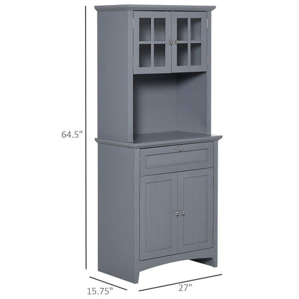 dimension image slide 2 of 2, HOMCOM Kitchen Buffet Hutch Wooden Storage Cupboard with Framed Glass Door, Drawer and Microwave Space - 27"x15.75"x64.5"