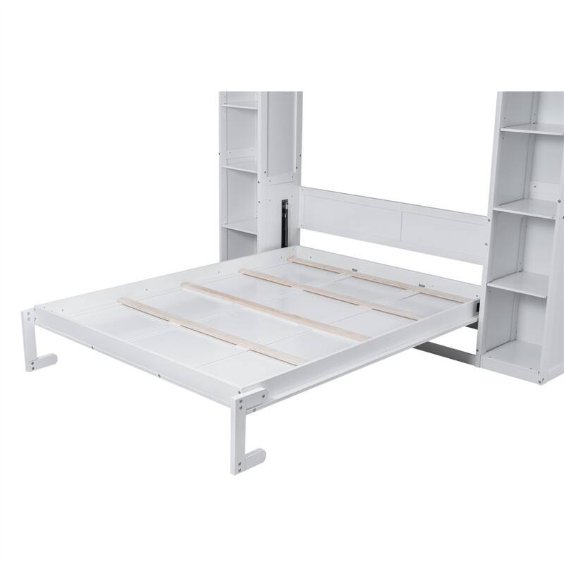 Solid Wood Murphy Wall Bed w/ LED Lights & Open Storage Shelves, Full/Queen Size Folding Murphy Cabinet Bed, Space Saving Design