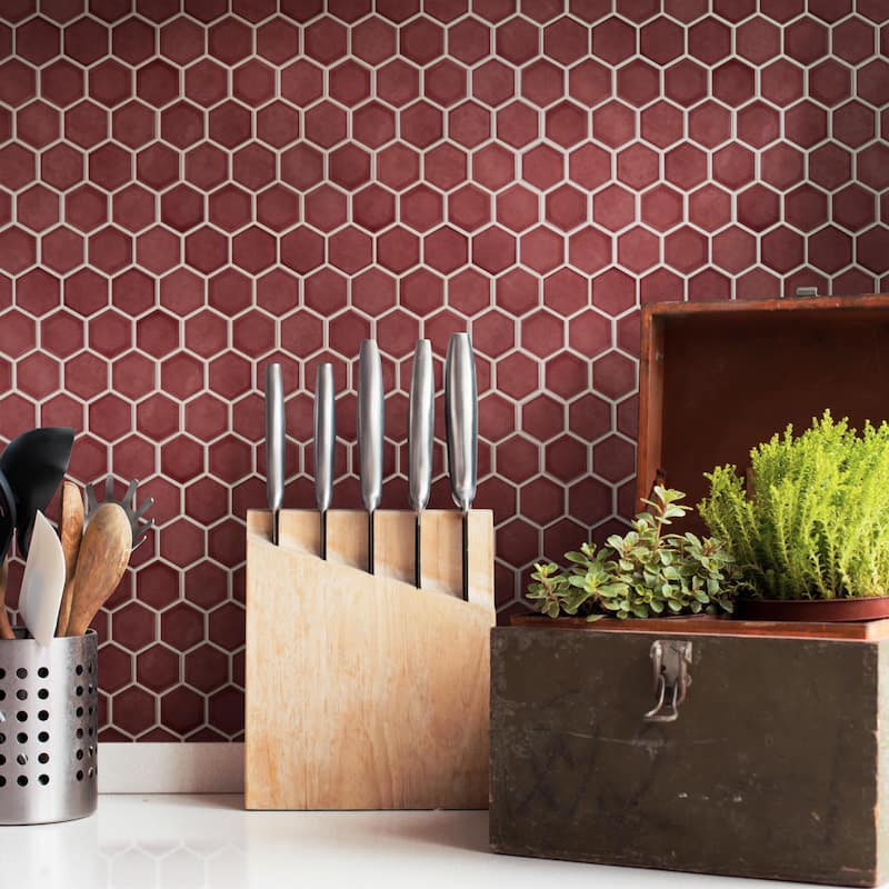 Merola Tile Tribeca 2" Hex Glossy Rusty Red 11-1/8" x 12-5/8" Porcelain Mosaic Floor and Wall Tile