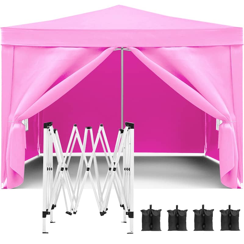 10'x10'Folding Canopy,4 Removable Sidewalls Shelter UPF 50,Gazebo Portable Tents,EZ Pop Up Canopy 4pcs Weight Bag,Carry Bag - Pink