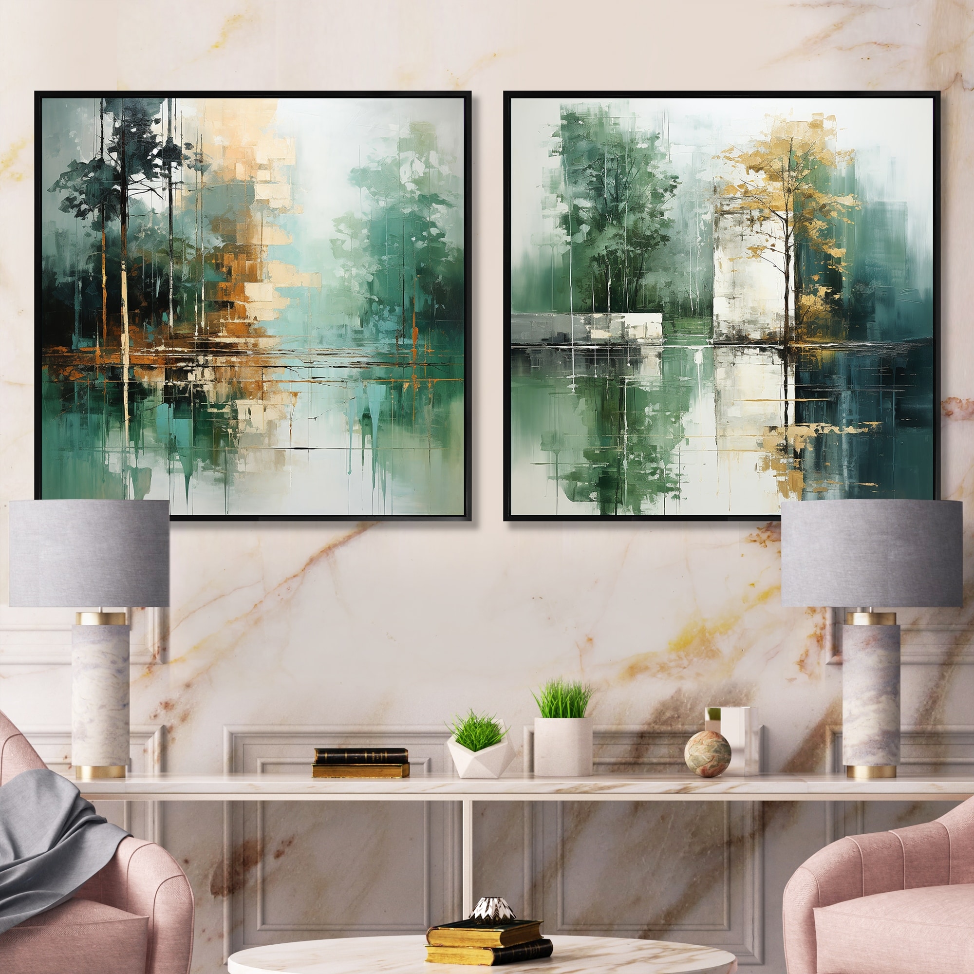 Designart "Green And White Forest Echoes" Abstract Landscapes Framed Art Set Of 2 - Modern Green Wall Art Set 2 Pieces