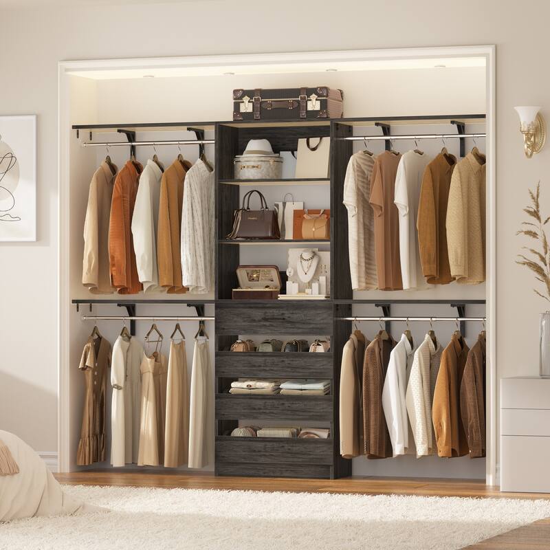 Rackcog 96'' Closet System with 4 Drawers and 4 Hanging Rods, 8FT Wood Closet Organizer for Walk-in Closet - Gray Oak