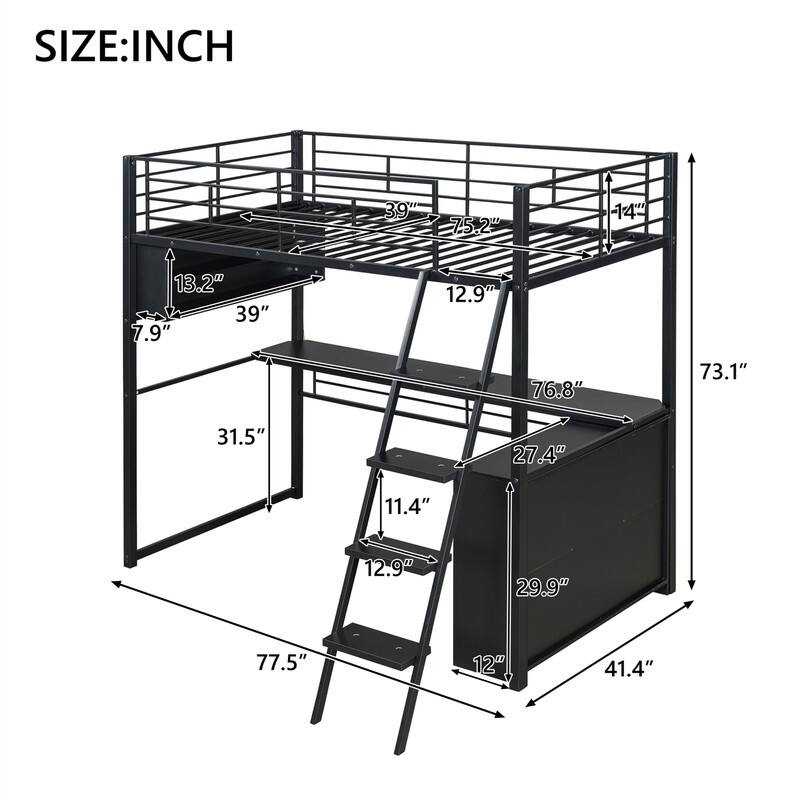 Metal Gaming Loft Bed with LED Light and Bulit-in Desk, Twin/Full Size Loft Bedframe with 4 Storage Shelves and Steps