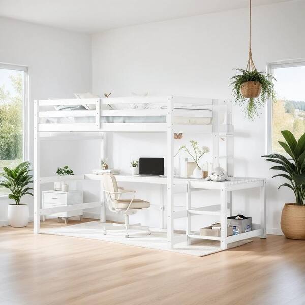 slide 2 of 25, Functional Full Loft Bed with Ladder Platform and Built-in Desk, Under Bed Ample Space, Safety and Quality Guaranteed, White White