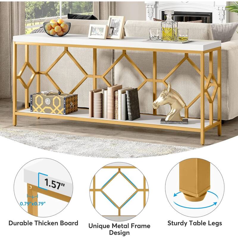 70.9" White & Gold 2-Tier Sofa Table, Industrial Extra Long Console with Diamond Metal Frame for Entryway or Living Room