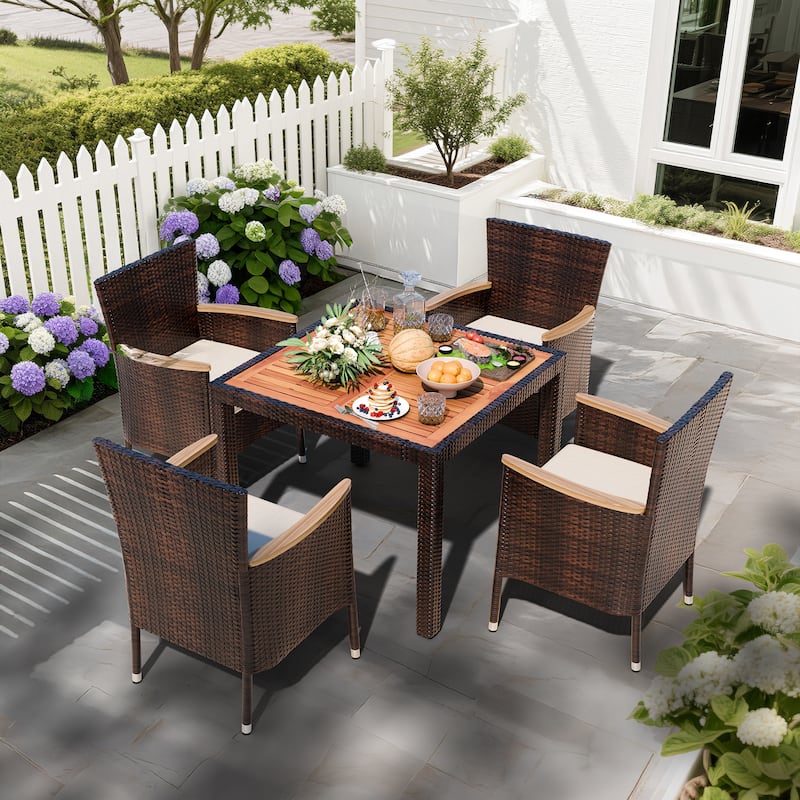 5-Piece Outdoor Wicker Dining Set with Wood Desktop Table and Chairs - N/A - 5 Pieces-Brown