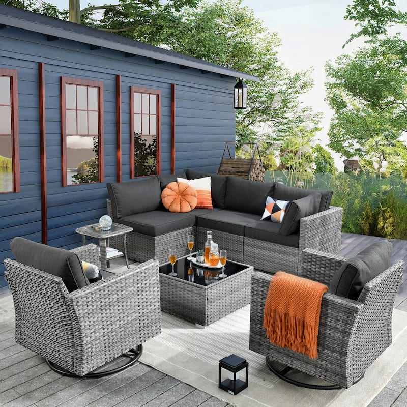 HOOOWOOO 8-piece Outdoor Furniture Swivel Chair Set with Coffee Table