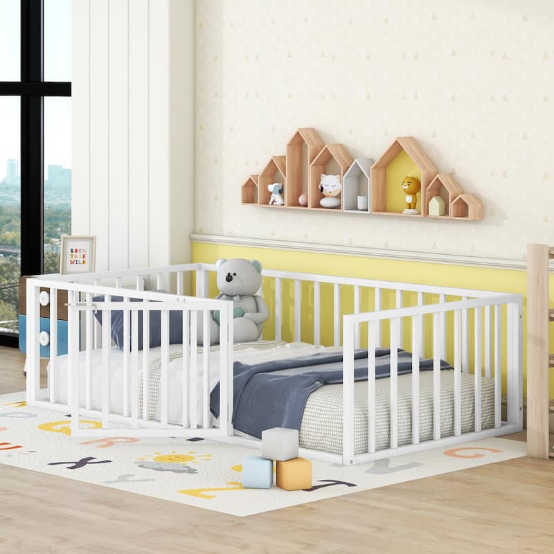 White Twin Size Metal Floor Bed Frame with Fence and Door for Kids