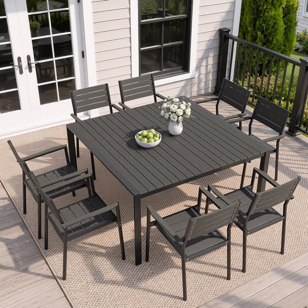 9 piece patio set with umbrella Viclla 9-Piece Outdoor Dining Set, 60 Round Metal Table Hole & Solana Swivel Chair, Walnut Wood Grain Ideal for family dinners 9 Piece Patio Dining Set