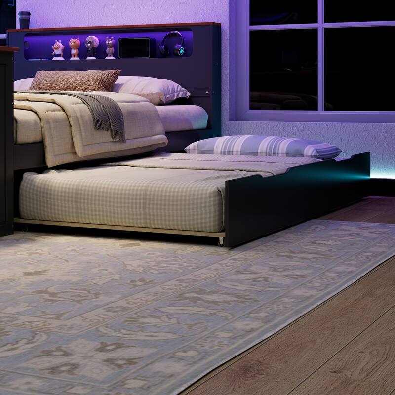 Wood Daybed with Trundle & Built-in Desk, LED Lights & USB Charging Port, Available in Full or Twin