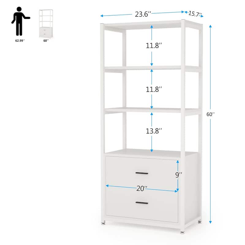 4-Tier White Bookshelf with 2 Drawers, Etagere Standard Book Shelves Display Shelf for Home Office - 60”H x 23.6”L x 15.7”W