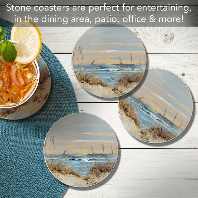Shore Welcome 4 Pack Round Absorbent Stone Coasters with Protective Cork Backing Manufactured in The USA