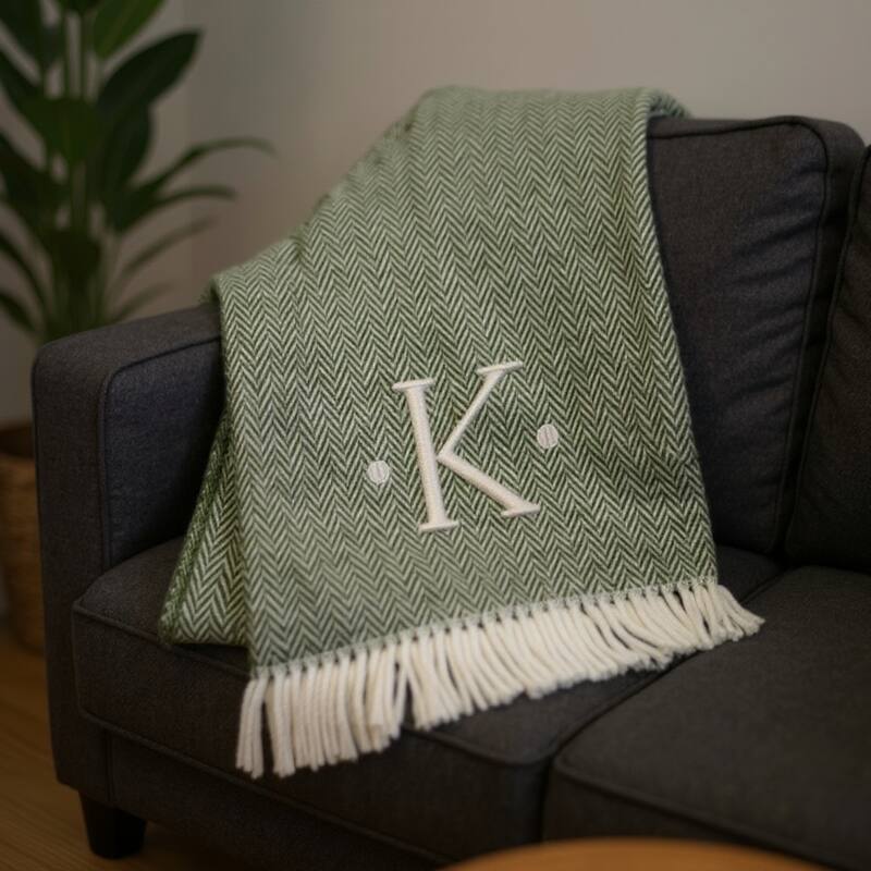 55" X 70" Moss Green And White Herringbone Cotton Blend S Initial Throw Blanket with Tassels And Embroidery