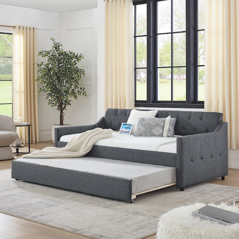 Twin Size Upholstery DayBed with Twin Size Erectable Trundle and USB Charging Design - Dark Grey