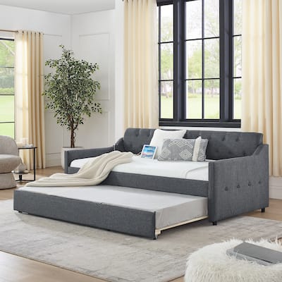 Twin Size Upholstery Daybed with Erectable Trundle & USB Design
