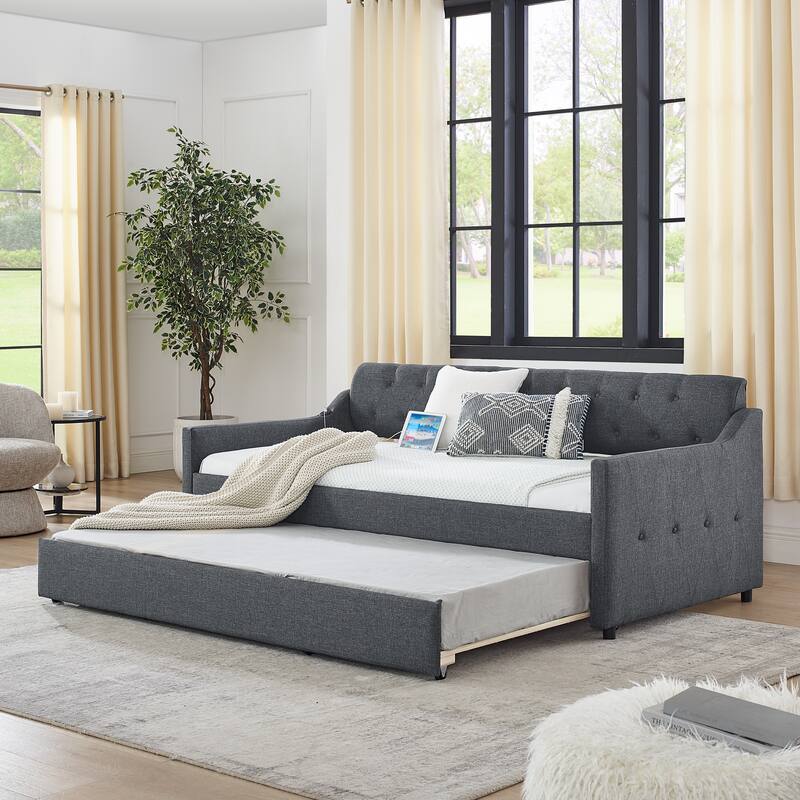 Twin Size Upholstery Daybed with Twin Size Erectable Trundle and USB Charging Design - Dark Gray - Twin