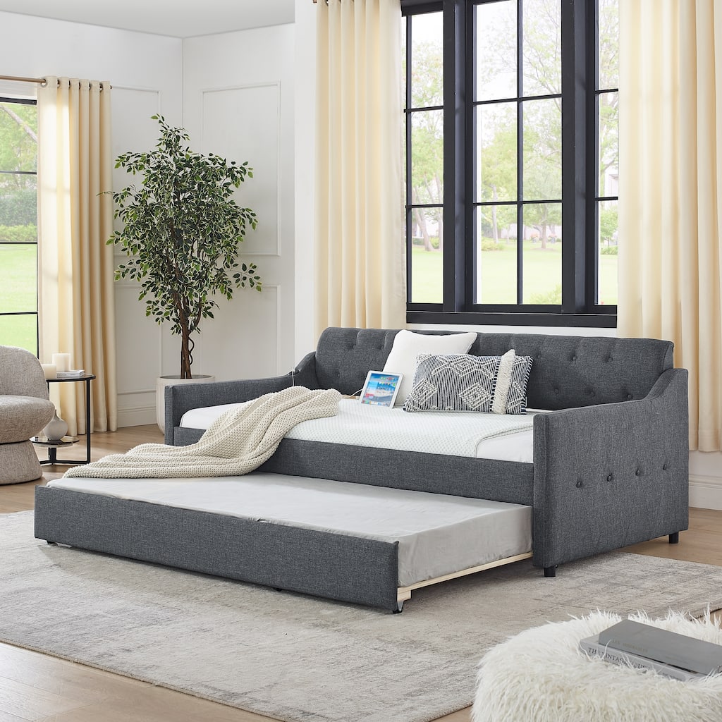 Twin Size Upholstery Daybed with Twin Size Erectable Trundle and USB Charging Design