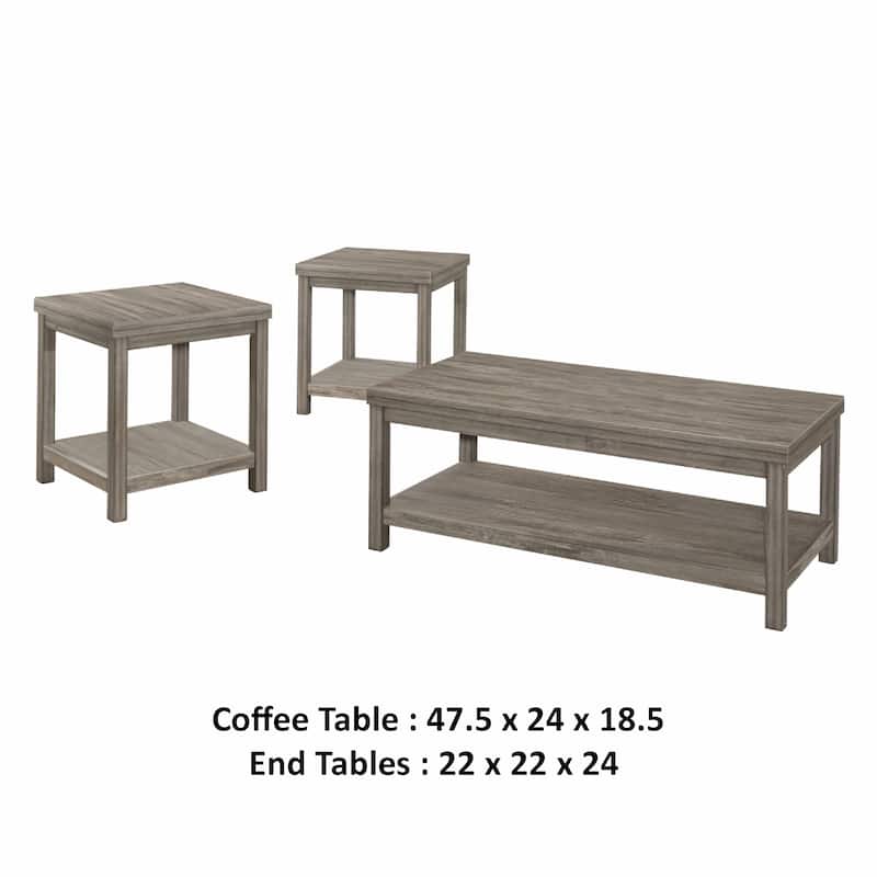 Rie 3pc Coffee Table Set with 2 End Tables, Lower Shelves, Gray Wood