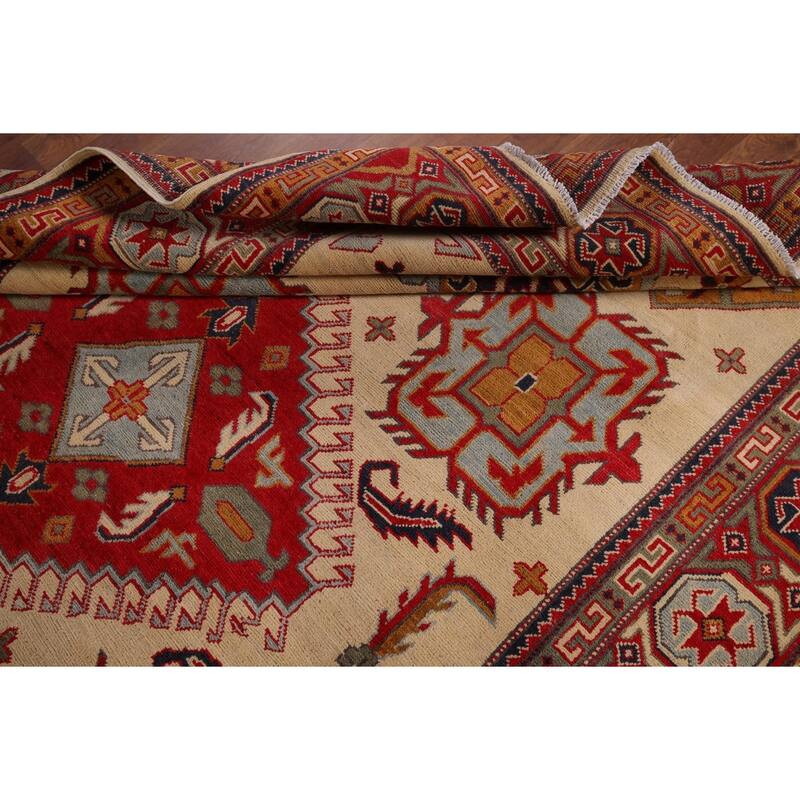 Hand Knotted Oriental 100% Wool Carpet Traditional Geometric Yellow & Gold Kazak Area Rug - 9' 8'' X 6' 5''