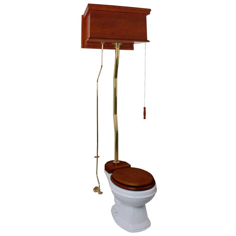 Light Mahogany High Tank Toilet Raised Tank, White Round Bowl and Brass Z Pipe