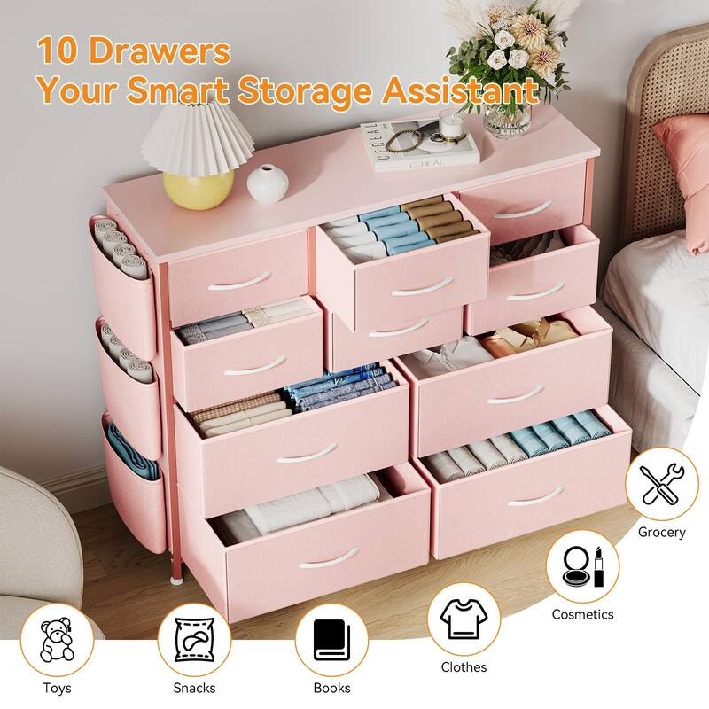 Fabric 10 Drawer Dresser for Bedroom, Metal Frame Storage Organizer Chest with Side Pockets, Hooks