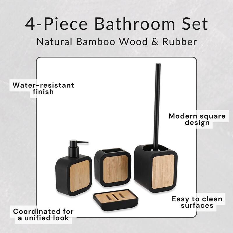 4-Piece Bathroom Accessory Set Rubber and Wood - 4 L x 3.9 W x 15.2 H