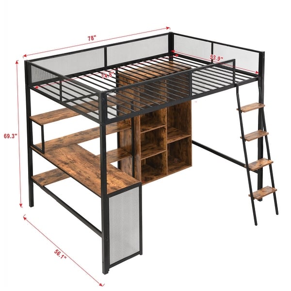 Full Size Black Metal Bed with Wardrobeand & Storage Shelves, Space-Saving Loft Bed Frame w/ Ladder, Full-Length Mesh Guardrail