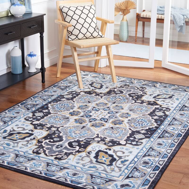 SAFAVIEH Riviera Machine Washable Slip Resistant Wilma Oriental Rug - 4'5" x 6' - Grey/Light Blue