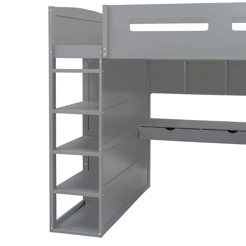Full Size Solid Wood Loft Bed with Desk, Wardrobes & Drawers