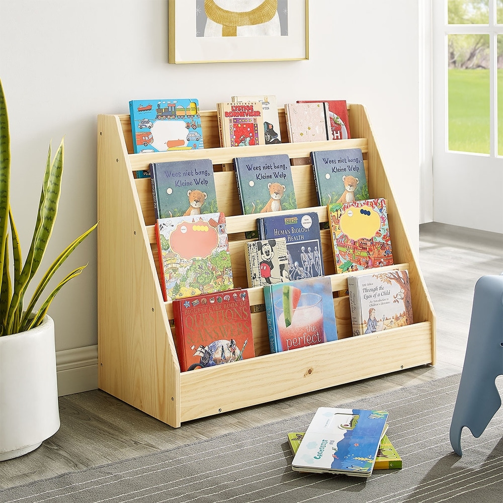 Flash Furniture 4 Shelf Single-Sided Kids Natural Wooden Book & Magazine Display Stand - Safe, Kid Friendly Design for Commercial or Home Use