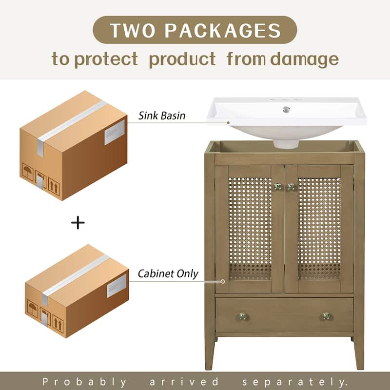 24" Bathroom Vanity with Ceramic Sink, Rattan Double Door Cabinet and Drawer, Freestanding Solid Wood Frame