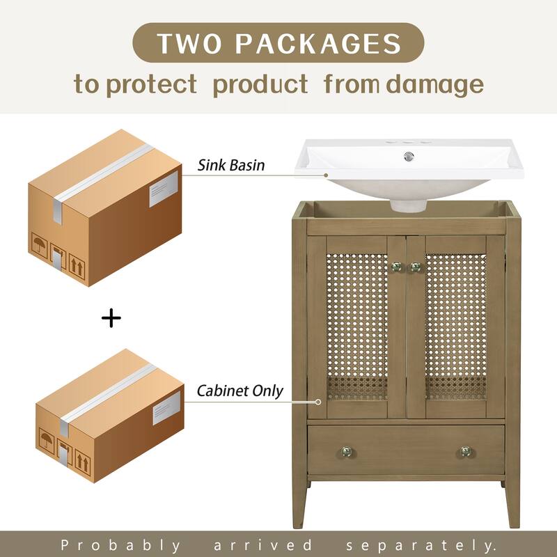 Roomfitters 24" Bathroom Vanity with Ceramic Sink Rattan Cabinet with 2 Doors Drawer and Solid Frame, Natural