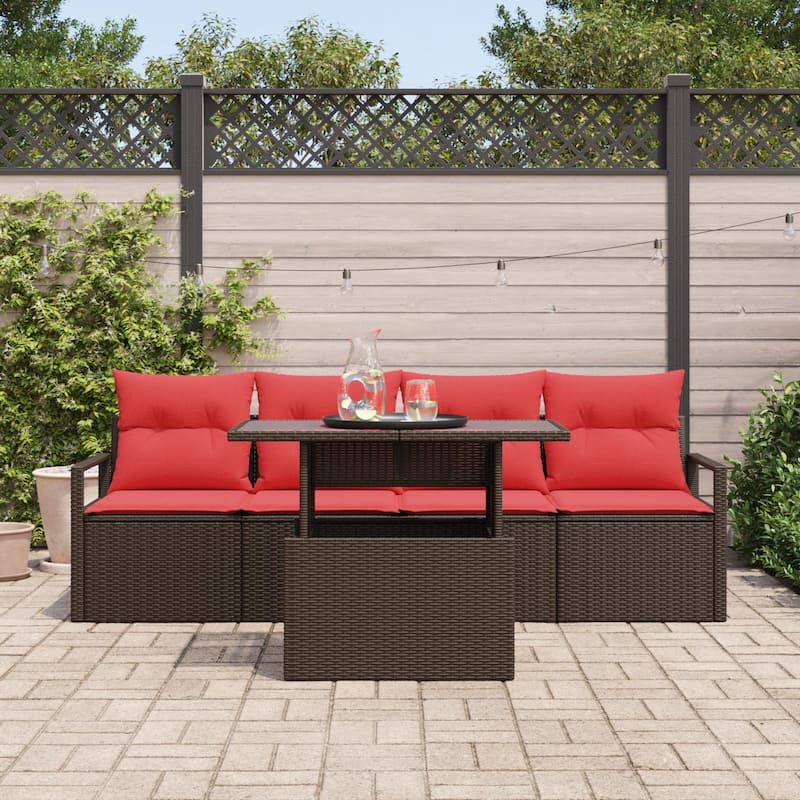 vidaXL 5 Garden Sofa Set with Cushions Black/Brown/Grey Poly Rattan - 90.6 x 24.4 x 27.2