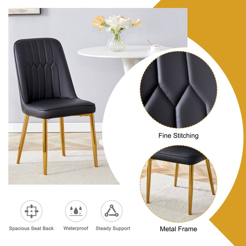 8 modern dining chairs, sleek PU backrest, and gold metal legs bring a comfortable home experience to the kitchen, bedro