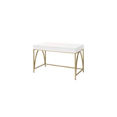 Modern Writing Desk with Drawers - Home Office Desk - Gold Metal Legs - White Gloss Finish