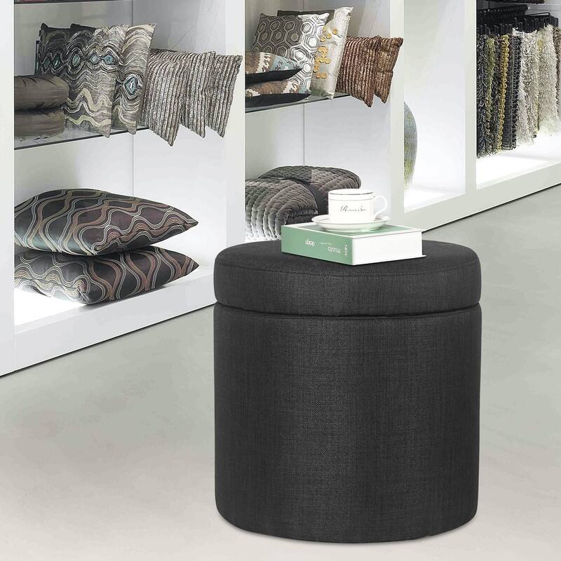 Adeco Round Storage Ottoman, Fabric Stool Footrest with Removable Lid