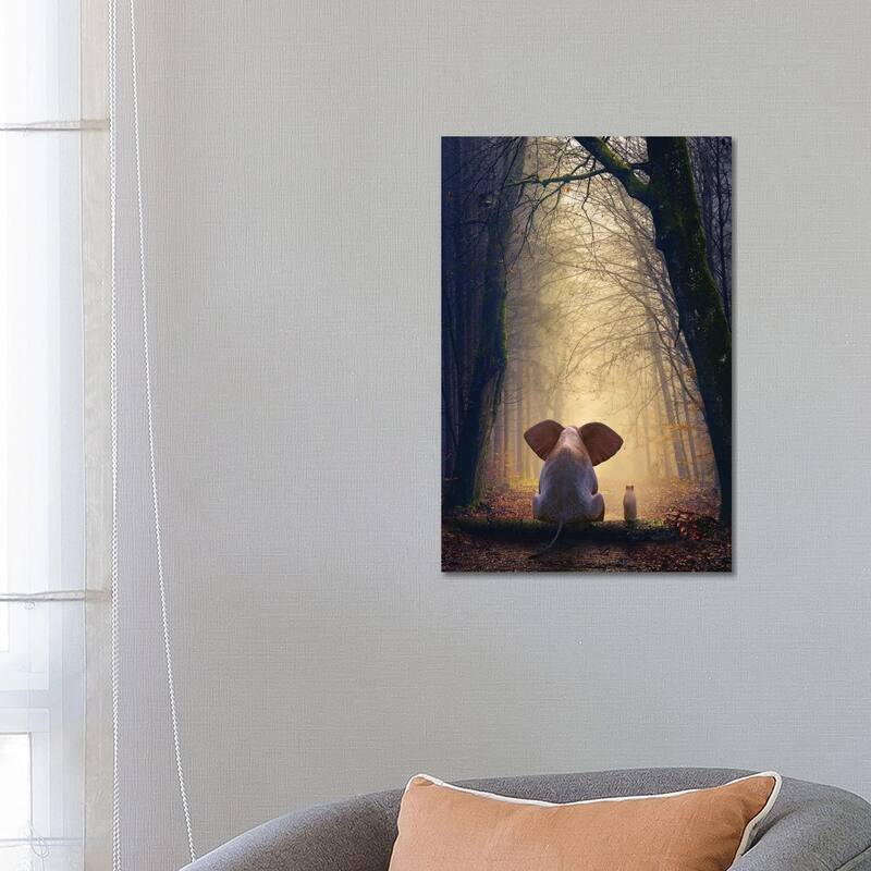 iCanvas "Elephant And Dog Sit In The Autumn Forest" by Mike Kiev Canvas Print - 26x18x1.5