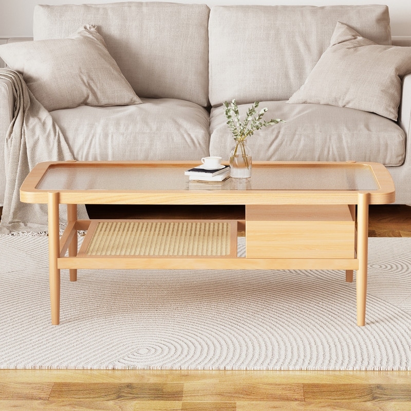  Modern Rectangle Rattan Coffee Table Glass Desktop Double-Layer  Tea Table Solid Wood Side Table Small Rectangle Table for Living Room,  Dining Room and Bedroom (Natural3) : Home & Kitchen