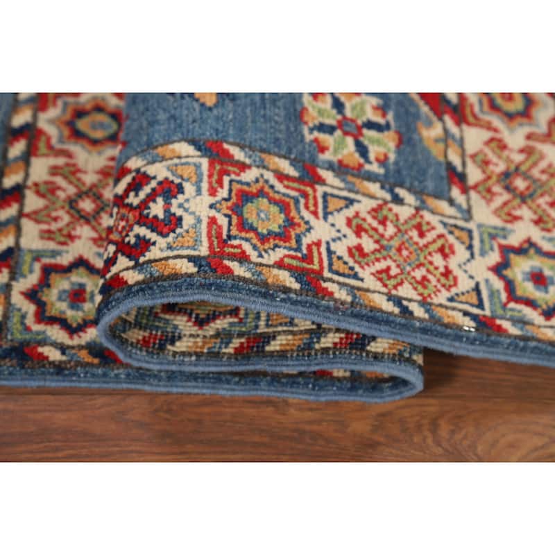 Hand Knotted Oriental 100% Wool Carpet Traditional Geometric Navy Blue & Blues Kazak Area Rug - 2' 11'' X 1' 11''
