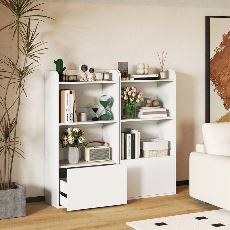 Gymax 2PCS Bookcase w/ Drawer 3-Tier Open Shelf Anti-Toppling Kits for