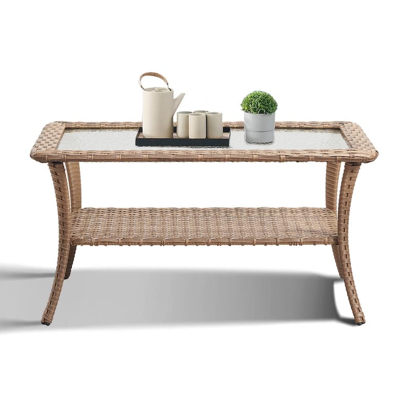 Outdoor Wicker Coffee Table with Glass Top - Yellow