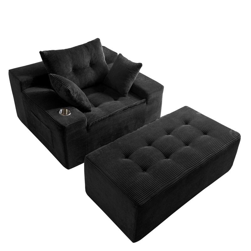 Corduroy Upholstered Memory Foam Sofa With Ottoman Upholstered Bean Bag Couch - 48.4"Lx67.7"Wx24.4"H - Black